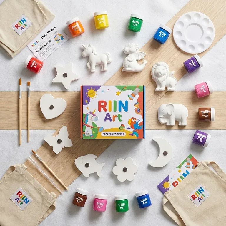 Contenu du Coffret Cadeau RIIN Art : 10 figurines en plâtre à peindre, peintures, pinceaux et accessoires