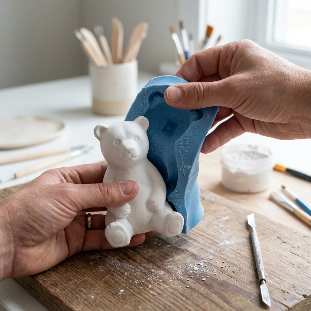 Démoulage facile d'une statuette en plâtre blanc à partir d'un moule en silicone souple bleu