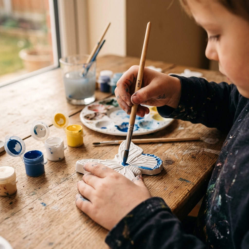 Enfant appliquant délicatement de la gouache au pinceau fin sur les ailes d'un papillon en plâtre