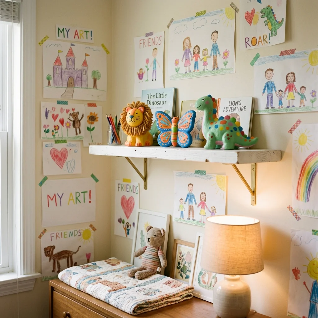 Étagère de chambre d'enfant avec créations en plâtre peintes exposées