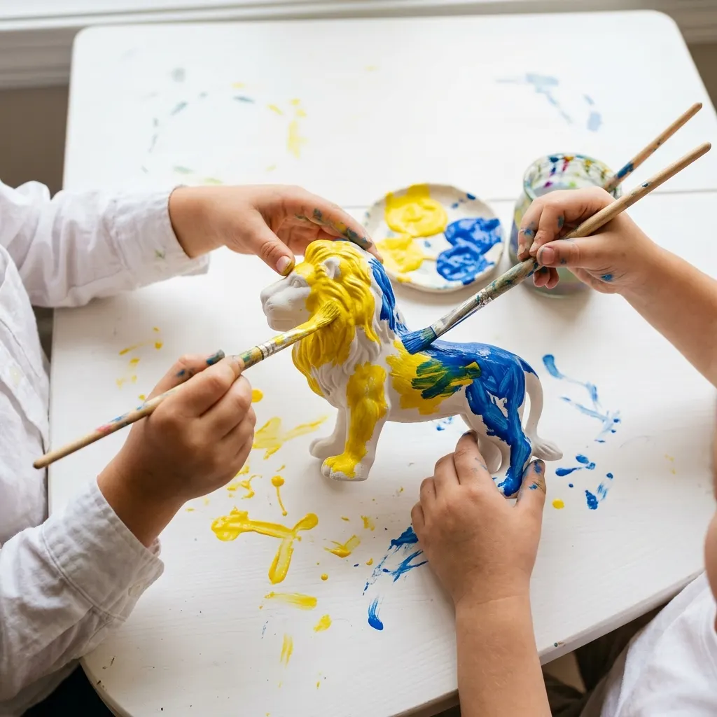 Mains d'enfants peignant une figurine de lion en plâtre en jaune et bleu