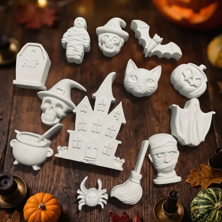 Figurines en plâtre du Kit Halloween RIIN Art : citrouille, fantôme, chauve-souris, chat, chaudron, maison hantée
