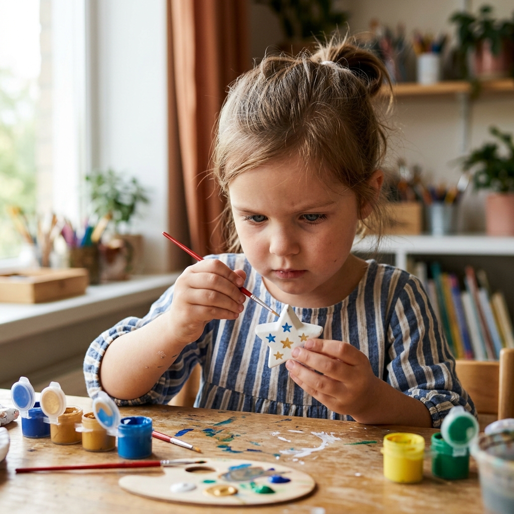 Jeune enfant concentré peignant des détails fins sur un moulage en plâtre avec attention et précision