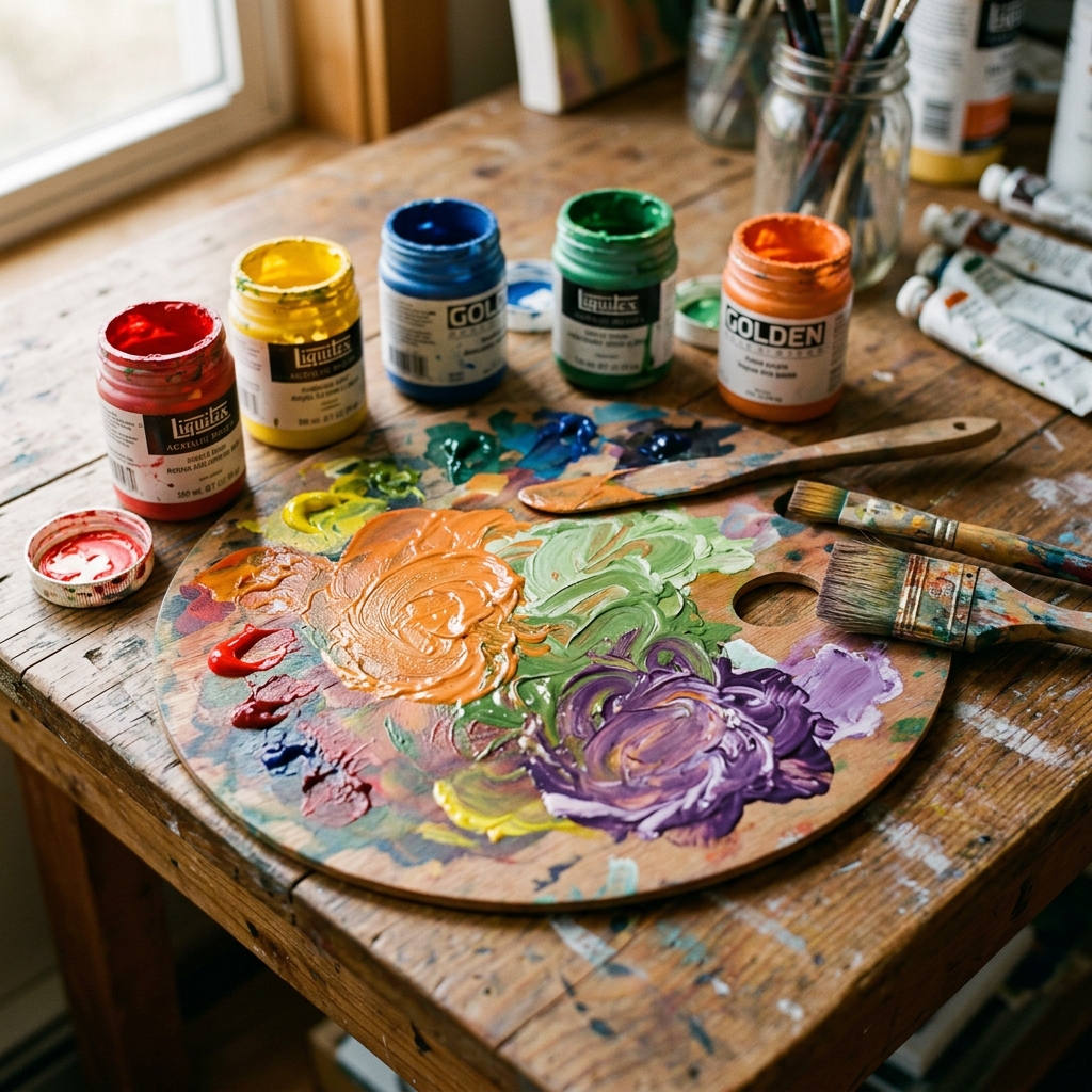 Palette artistique en bois montrant des mélanges de couleurs vives — orange, vert et violet — à côté de pots de peinture acrylique