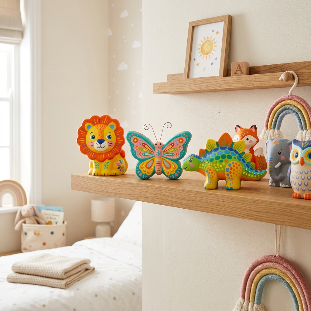 Collection de statuettes en plâtre peintes par des enfants, exposées sur une étagère en bois naturel dans une chambre d'enfant