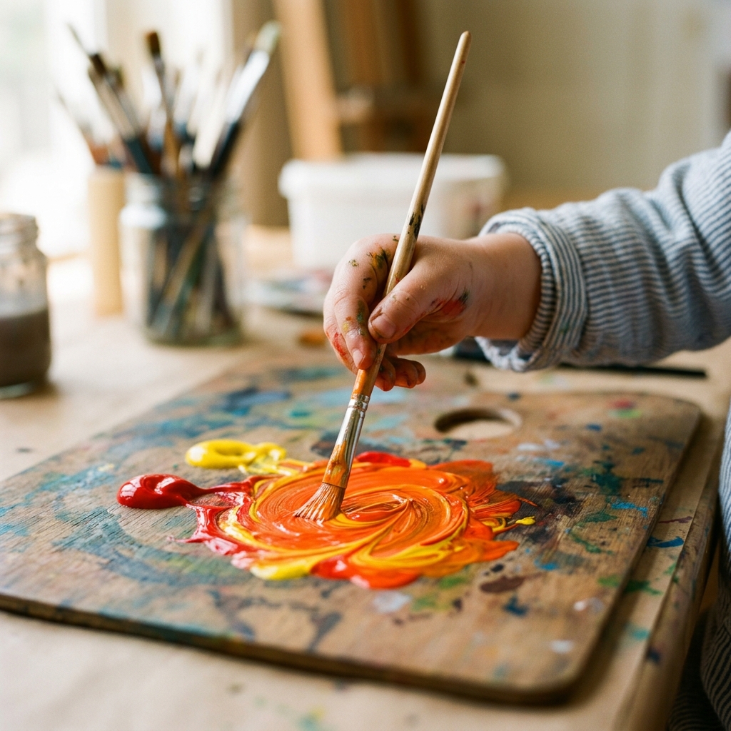 Mélange des couleurs primaires sur une palette artistique en bois pour obtenir de l'orange