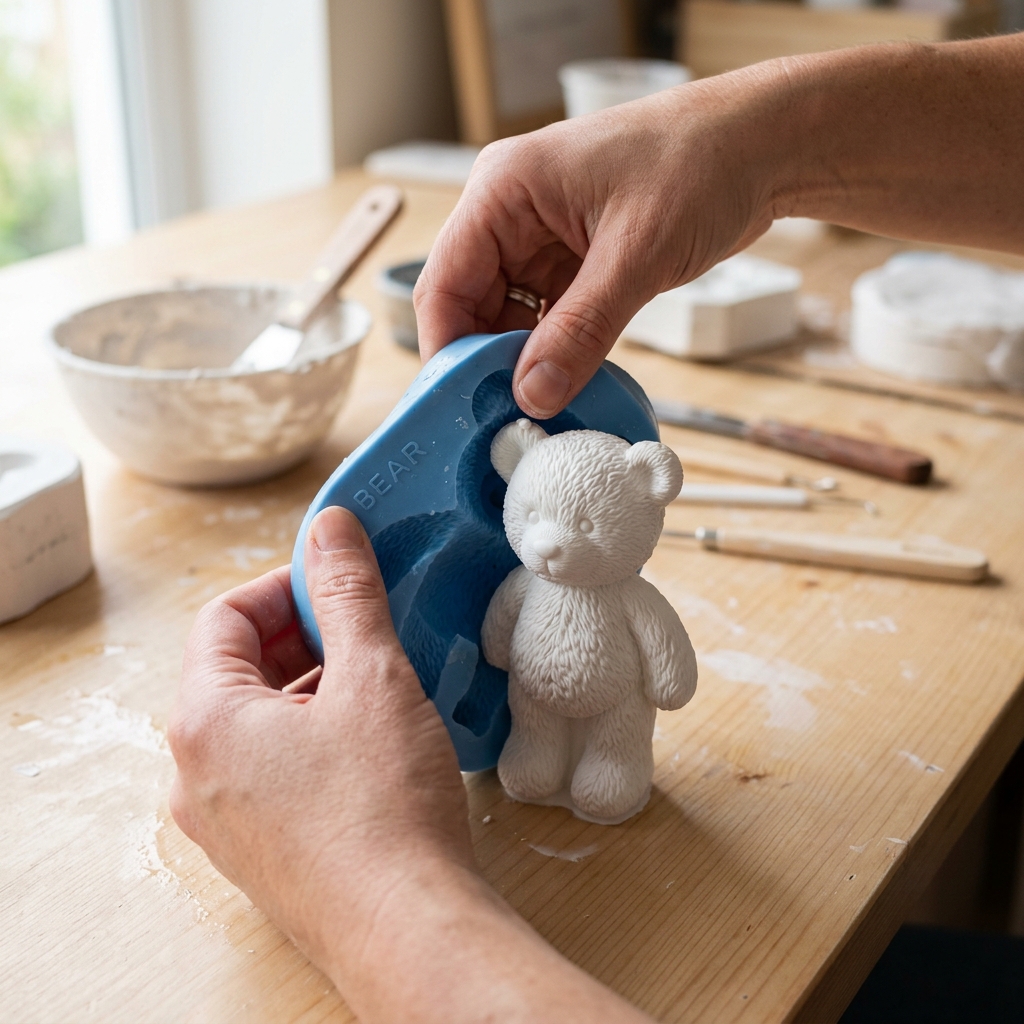 Démoulage facile d'une statuette d'ours en plâtre blanc à partir d'un moule en silicone souple